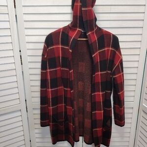 Anne Klein Red and Black Plaid Hooded Cardigan Sweater